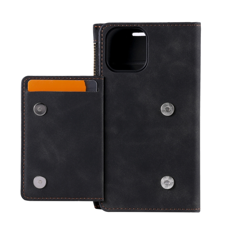 For iPhone 12 Pro Max Side Zipper Back Card Horizontal Flip PU Leather Case with Card Slots & Wallet & Photo Frame & Lanyard(Black)