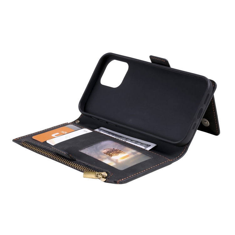 For iPhone 12 Pro Max Side Zipper Back Card Horizontal Flip PU Leather Case with Card Slots & Wallet & Photo Frame & Lanyard(Black)