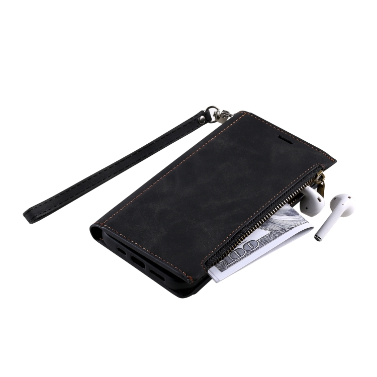 For iPhone 12 Pro Max Side Zipper Back Card Horizontal Flip PU Leather Case with Card Slots & Wallet & Photo Frame & Lanyard(Black)