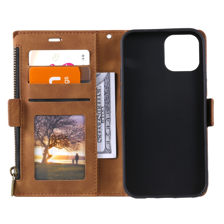 Side Zipper Back Card Horizontal Flip PU Leather Case with Card Slots & Wallet & Photo Frame & Lanyard For iPhone 13 Pro(Brown) - 2