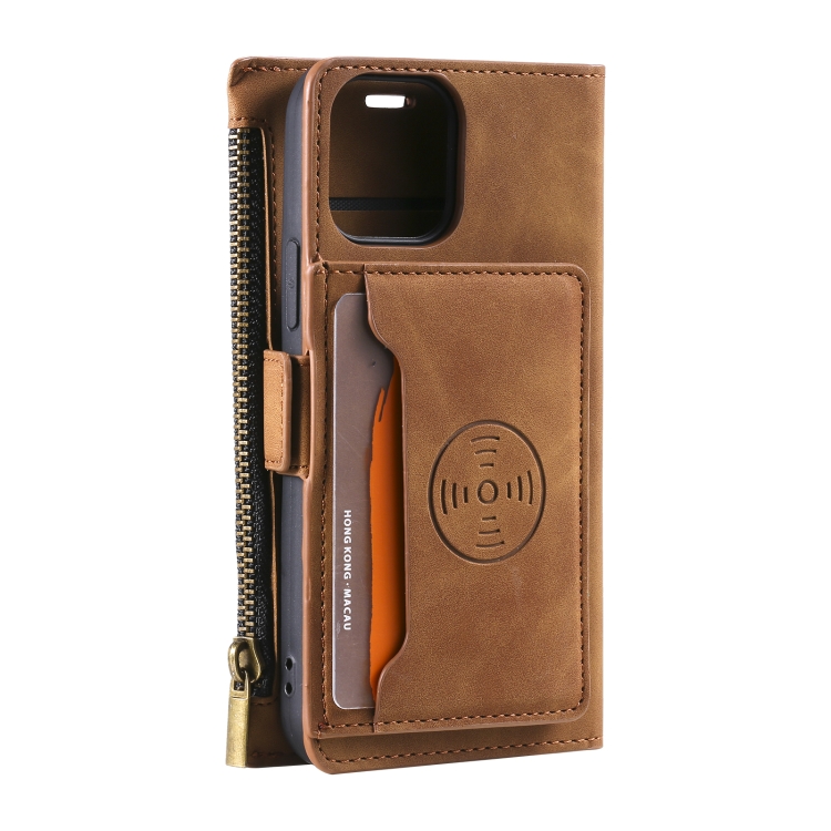 Side Zipper Back Card Horizontal Flip PU Leather Case with Card Slots & Wallet & Photo Frame & Lanyard For iPhone 13 Pro(Brown) - 3