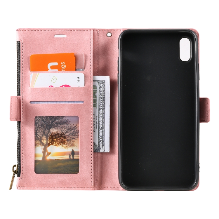 Side Zipper Back Card Horizontal Flip PU Leather Case with Card Slots & Wallet & Photo Frame & Lanyard For iPhone XS / X(Pink) - 2
