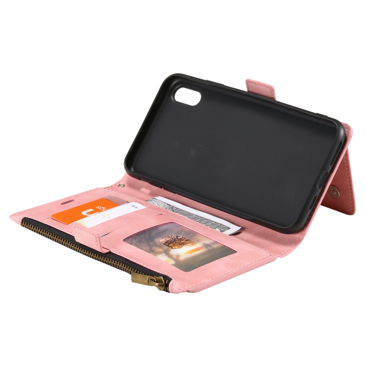 Side Zipper Back Card Horizontal Flip PU Leather Case with Card Slots & Wallet & Photo Frame & Lanyard For iPhone XS / X(Pink) - 5