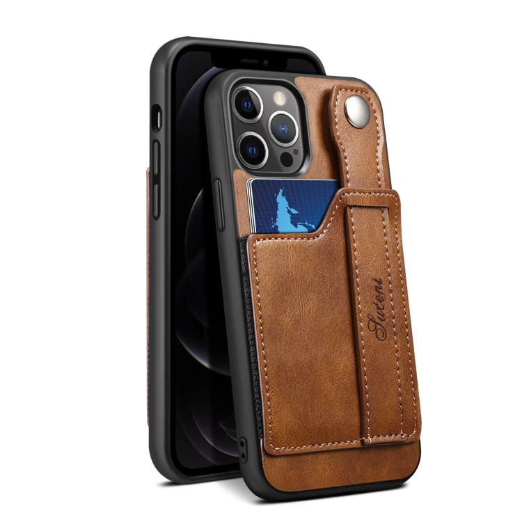 For iPhone 13 mini TPU + PU Leather Shockproof Protective Case with Card Slots and Hand Strap (Brown) For iPhone 13 mini TPU + PU Leather Shockproof Protective Case with Card Slots and Hand Strap (Brown)