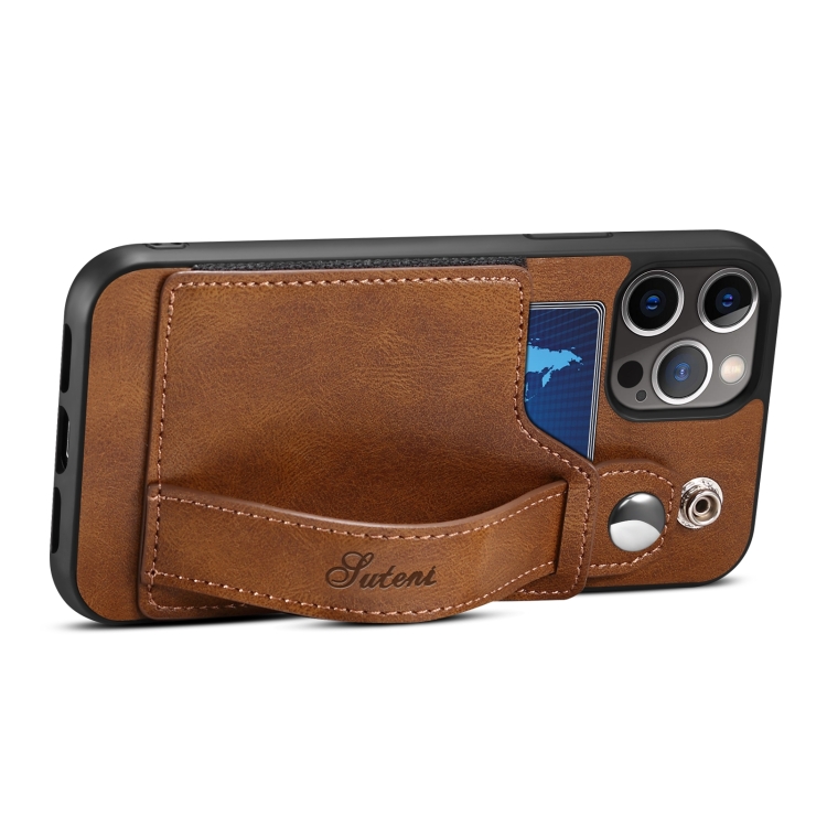 For iPhone 13 mini TPU + PU Leather Shockproof Protective Case with Card Slots and Hand Strap (Brown) For iPhone 13 mini TPU + PU Leather Shockproof Protective Case with Card Slots and Hand Strap (Brown)