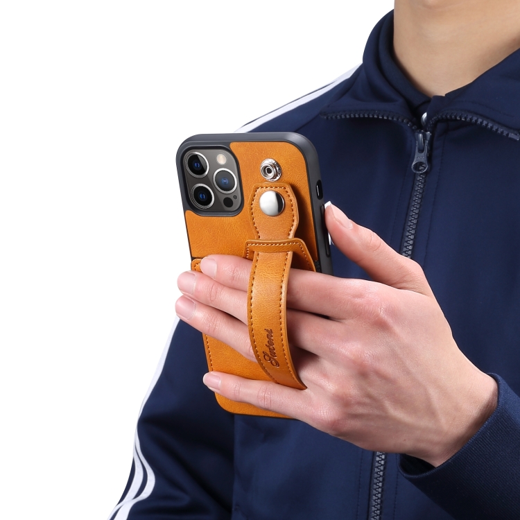 For iPhone 13 mini TPU + PU Leather Shockproof Protective Case with Card Slots and Hand Strap (Brown) For iPhone 13 mini TPU + PU Leather Shockproof Protective Case with Card Slots and Hand Strap (Brown)