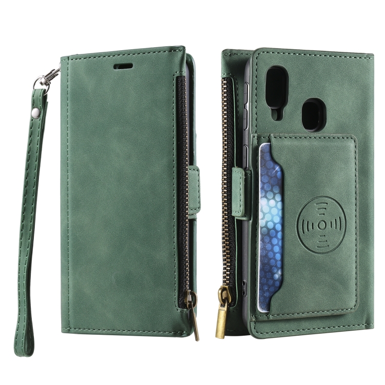 For Samsung Galaxy A40 Side Zipper Back Card Horizontal Flip PU Leather Case with Card Slots & Wallet & Photo Frame & Lanyard(Green) - 1