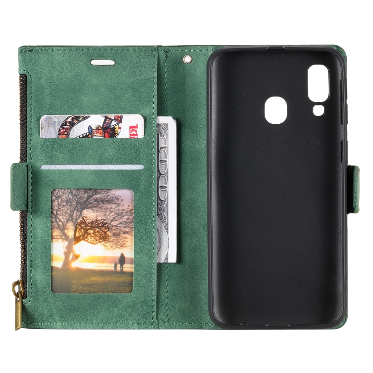 For Samsung Galaxy A40 Side Zipper Back Card Horizontal Flip PU Leather Case with Card Slots & Wallet & Photo Frame & Lanyard(Green) - 2