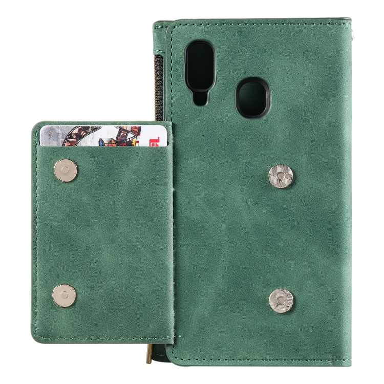 For Samsung Galaxy A40 Side Zipper Back Card Horizontal Flip PU Leather Case with Card Slots & Wallet & Photo Frame & Lanyard(Green) - 3