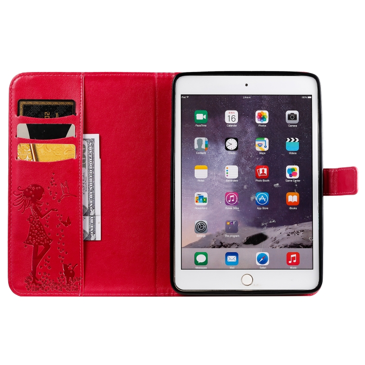 For iPad Mini 2019 & 4 & 3 & 2 & 1 Pressed Printing Woman and Cat Pattern Horizontal Flip Leather Case with Holder & Card Slots & Wallet(Rose Red) For iPad Mini 2019 & 4 & 3 & 2 & 1 Pressed Printing Woman and Cat Pattern Horizontal Flip Leather Case with Holder & Card Slots & Wallet(Rose Red)