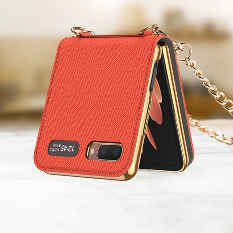 For Samsung Galaxy Z Flip GKK Cross Texture Card Phone Folding Beauty Bag Leather Case(Red) - B5