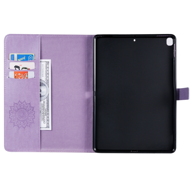 For iPad 10.2 / Pro 10.5 / Air 2019 Pressed Printing Sun Flower Pattern Horizontal Flip Leather Case with Holder & Card Slots & Wallet(Purple) For iPad 10.2 / Pro 10.5 / Air 2019 Pressed Printing Sun Flower Pattern Horizontal Flip Leather Case with Holder & Card Slots & Wallet(Purple)