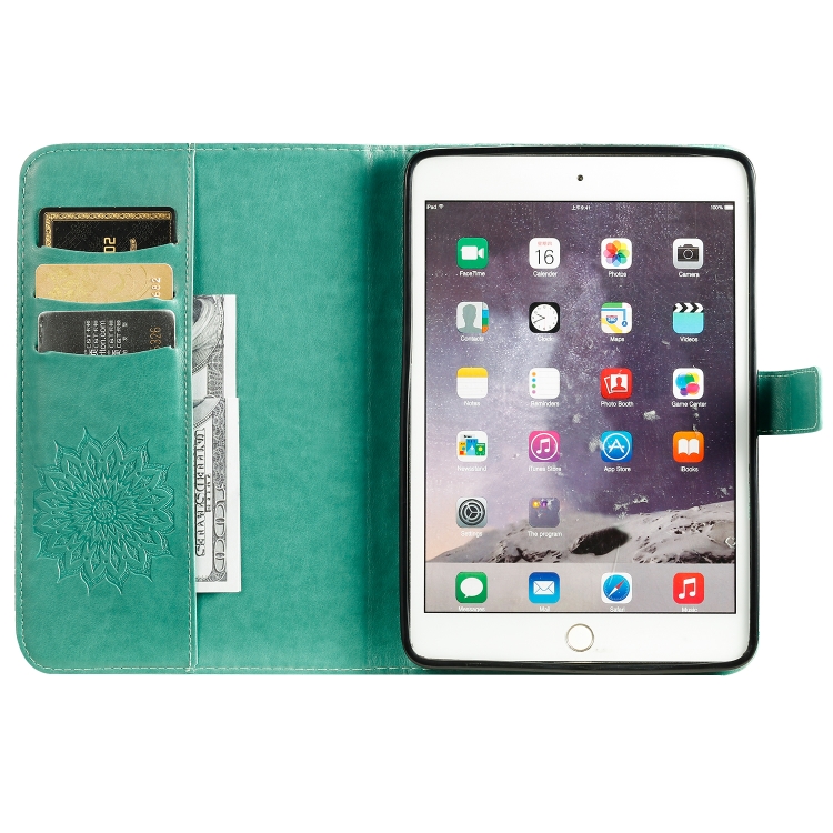 For iPad Mini 2019 & 4 & 3 & 2 & 1 Pressed Printing Sun Flower Pattern Horizontal Flip Leather Case with Holder & Card Slots & Wallet(Green) For iPad Mini 2019 & 4 & 3 & 2 & 1 Pressed Printing Sun Flower Pattern Horizontal Flip Leather Case with Holder & Card Slots & Wallet(Green)