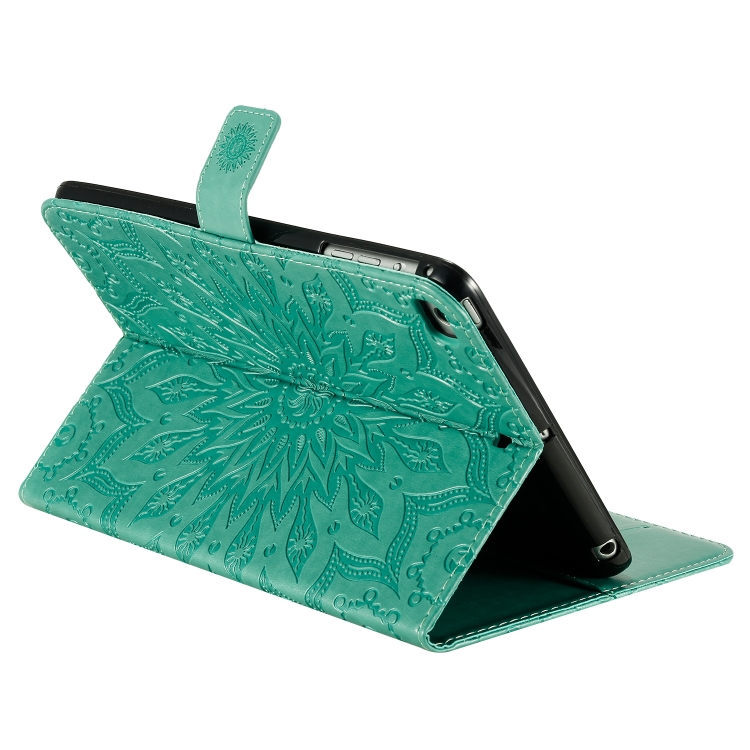 For iPad Mini 2019 & 4 & 3 & 2 & 1 Pressed Printing Sun Flower Pattern Horizontal Flip Leather Case with Holder & Card Slots & Wallet(Green) For iPad Mini 2019 & 4 & 3 & 2 & 1 Pressed Printing Sun Flower Pattern Horizontal Flip Leather Case with Holder & Card Slots & Wallet(Green)