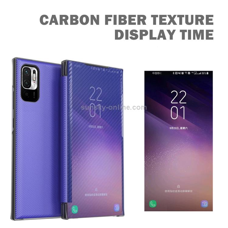 For Xiaomi Redmi Note 10 5G Carbon Fiber Texture View Time Horizontal Flip Leather Case with Holder & Touch Call Display ID(Black) - 3