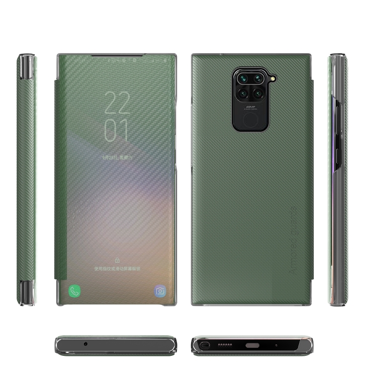 For Xiaomi Redmi Note 9 Carbon Fiber Texture View Time Horizontal Flip Leather Case with Holder & Touch Call Display ID(Green) - 1