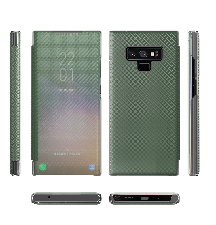 For Samsung Galaxy Note9 Carbon Fiber Texture View Time Horizontal Flip Leather Case with Holder & Touch Call Display ID(Green) - 1