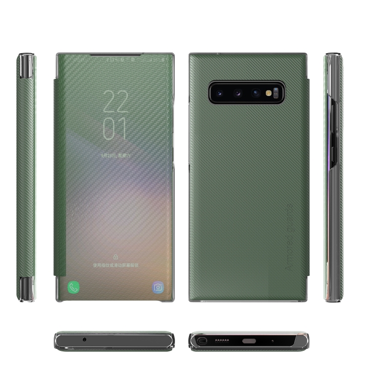 For Samsung Galaxy S10 Carbon Fiber Texture View Time Horizontal Flip Leather Case with Holder & Touch Call Display ID(Green) - 1