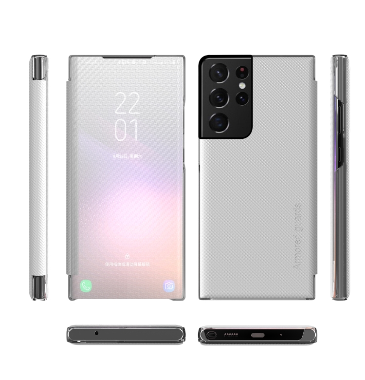 For Samsung Galaxy S21 Ultra 5G Carbon Fiber Texture View Time Horizontal Flip Leather Case with Holder & Touch Call Display ID(White) For Samsung Galaxy S21 Ultra 5G Carbon Fiber Texture View Time Horizontal Flip Leather Case with Holder & Touch Call Display ID(White)