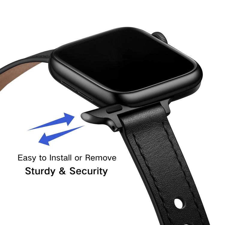 14mm Couple Style Leather Replacement Strap Watchband For Apple Watch Series 7 41mm / 6 & SE & 5 & 4 40mm / 3 & 2 & 1 38mm(Black Black Buckle) - 3