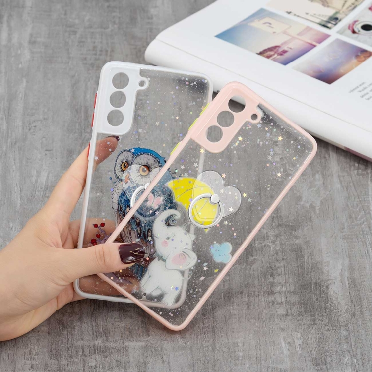 For Samsung Galaxy S21+ 5G Colored Drawing Starry Sky Epoxy TPU Shockproof Case with Ring Holder(Owl)