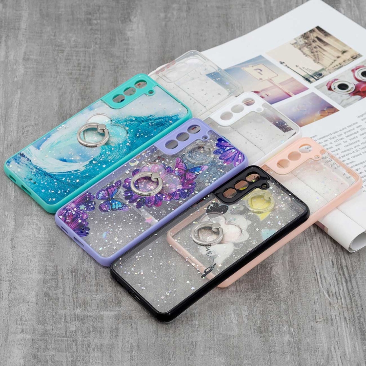 For Samsung Galaxy S21+ 5G Colored Drawing Starry Sky Epoxy TPU Shockproof Case with Ring Holder(Owl)