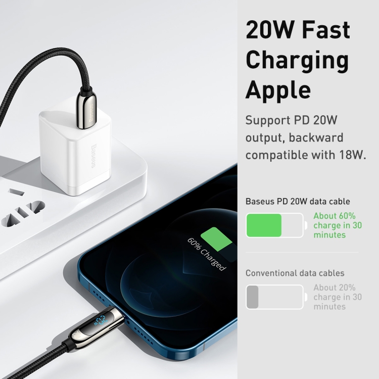Baseus CATLSK-A01 20W USB-C / Type-C to 8 Pin Display Fast Charging Data Cable, Cable Length: 2m(Black) Baseus CATLSK-A01 20W USB-C / Type-C to 8 Pin Display Fast Charging Data Cable, Cable Length: 2m(Black)