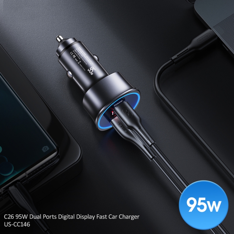 USAMS US-CC146 C26 95W USB-A + USB-C / Type-C Dual Port Hardware Digital Display Car Charger(Grey) USAMS US-CC146 C26 95W USB-A + USB-C / Type-C Dual Port Hardware Digital Display Car Charger(Grey)