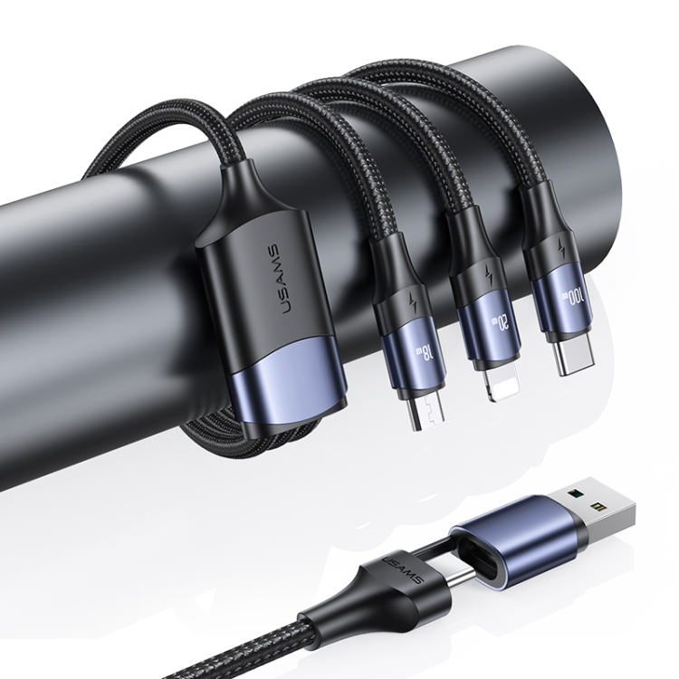 USAMS US-SJ511 U71 PD 100W USB-A to USB-C / Type-C to 8 Pin + USB-C / Type-C + Micro USB Two-to-three Aluminum Alloy Fast Charging Data Cable, Length(Black) - 1