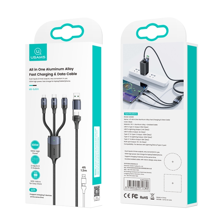 USAMS US-SJ511 U71 PD 100W USB-A to USB-C / Type-C to 8 Pin + USB-C / Type-C + Micro USB Two-to-three Aluminum Alloy Fast Charging Data Cable, Length(Black) - 6
