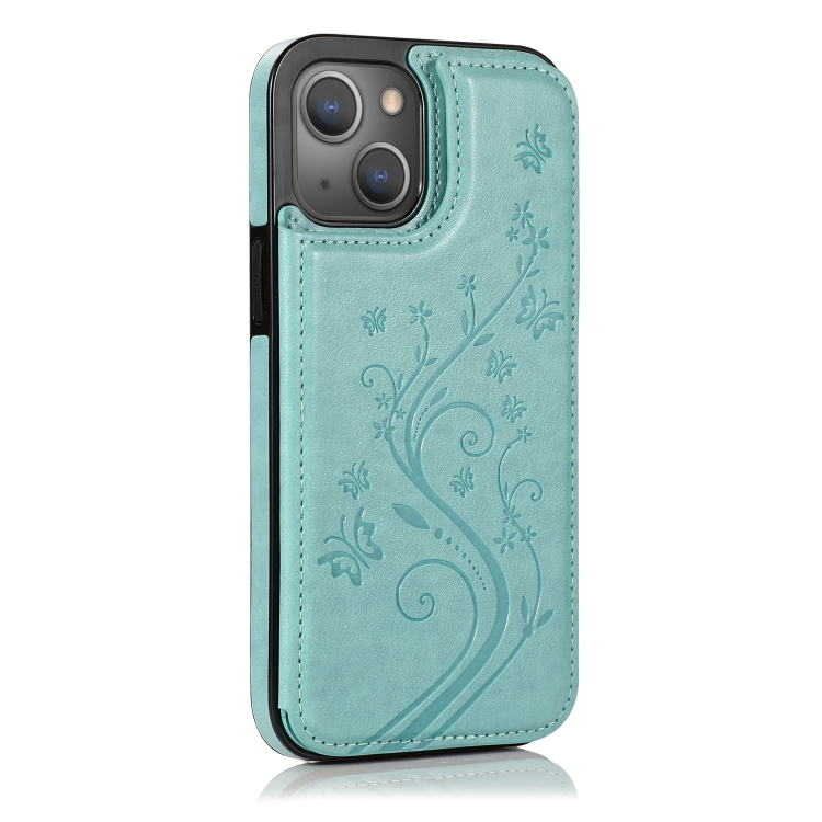 For iPhone 13 mini Butterflies Flowers Double Buckle PU + TPU Protective Case with Holder & Card Slots & Photo Frame (Green) For iPhone 13 mini Butterflies Flowers Double Buckle PU + TPU Protective Case with Holder & Card Slots & Photo Frame (Green)