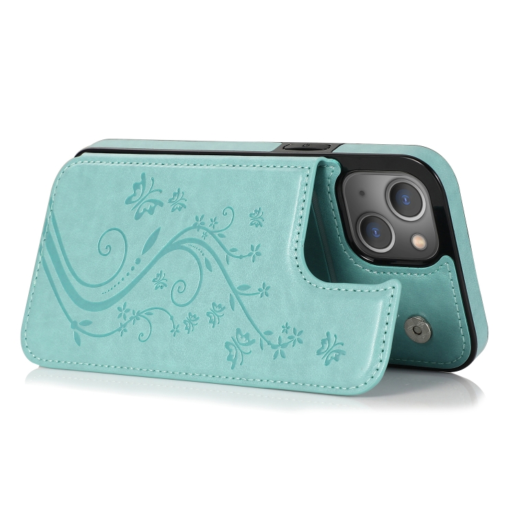 For iPhone 13 mini Butterflies Flowers Double Buckle PU + TPU Protective Case with Holder & Card Slots & Photo Frame (Green) For iPhone 13 mini Butterflies Flowers Double Buckle PU + TPU Protective Case with Holder & Card Slots & Photo Frame (Green)