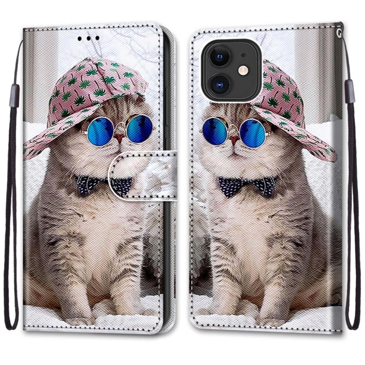 For iPhone 13 mini Coloured Drawing Cross Texture Horizontal Flip PU Leather Case with Holder & Card Slots & Wallet & Lanyard (Slant Hat Blue Mirror Cat) For iPhone 13 mini Coloured Drawing Cross Texture Horizontal Flip PU Leather Case with Holder & Card Slots & Wallet & Lanyard (Slant Hat Blue Mirror Cat)
