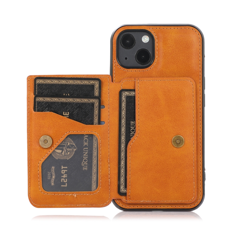 For iPhone 13 mini Calf Texture Magnetic Card Bag PU Shockproof Case with Holder & Card Slot (Brown) For iPhone 13 mini Calf Texture Magnetic Card Bag PU Shockproof Case with Holder & Card Slot (Brown)