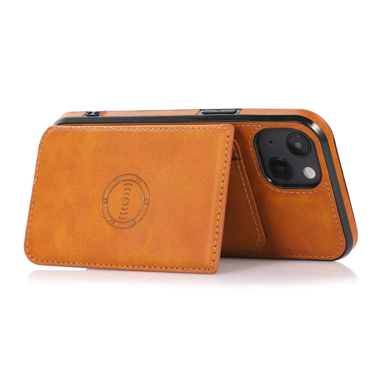 For iPhone 13 mini Calf Texture Magnetic Card Bag PU Shockproof Case with Holder & Card Slot (Brown) For iPhone 13 mini Calf Texture Magnetic Card Bag PU Shockproof Case with Holder & Card Slot (Brown)