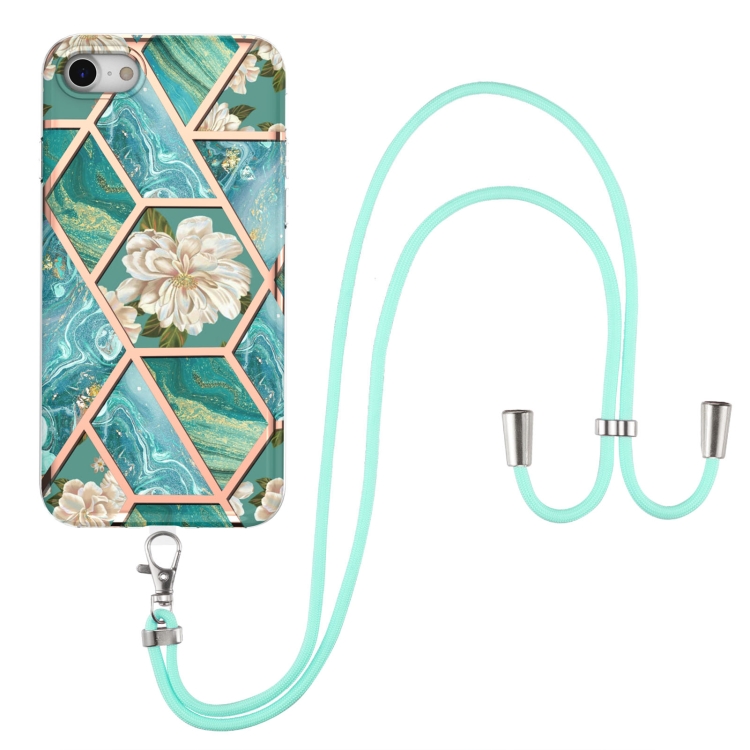 For iPhone SE 2022 / SE 2020 / 8 / 7 Electroplating Splicing Marble Flower Pattern TPU Shockproof Case with Lanyard(Blue Flower) For iPhone SE 2022 / SE 2020 / 8 / 7 Electroplating Splicing Marble Flower Pattern TPU Shockproof Case with Lanyard(Blue Flower)