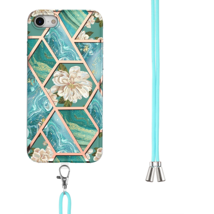 For iPhone SE 2022 / SE 2020 / 8 / 7 Electroplating Splicing Marble Flower Pattern TPU Shockproof Case with Lanyard(Blue Flower) For iPhone SE 2022 / SE 2020 / 8 / 7 Electroplating Splicing Marble Flower Pattern TPU Shockproof Case with Lanyard(Blue Flower)