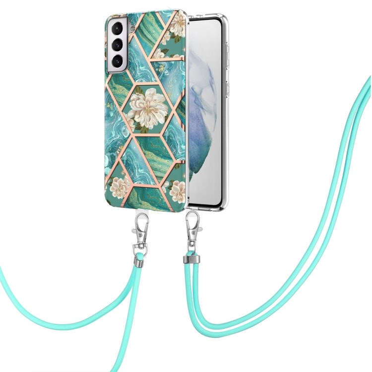 For Samsung Galaxy S21 5G Electroplating Splicing Marble Flower Pattern TPU Shockproof Case with Lanyard(Blue Flower) For Samsung Galaxy S21 5G Electroplating Splicing Marble Flower Pattern TPU Shockproof Case with Lanyard(Blue Flower)