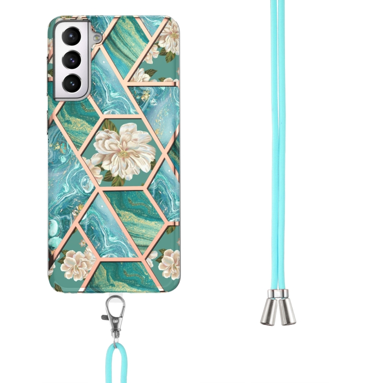 For Samsung Galaxy S21 5G Electroplating Splicing Marble Flower Pattern TPU Shockproof Case with Lanyard(Blue Flower) For Samsung Galaxy S21 5G Electroplating Splicing Marble Flower Pattern TPU Shockproof Case with Lanyard(Blue Flower)