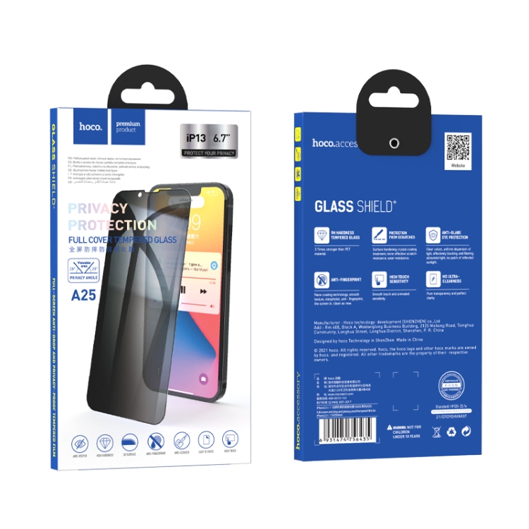 For iPhone 13 Pro Max HOCO A25 0.33MM Full-screen Anti-drop And Privacy-proof Tempered Film For iPhone 13 Pro Max HOCO A25 0.33MM Full-screen Anti-drop And Privacy-proof Tempered Film