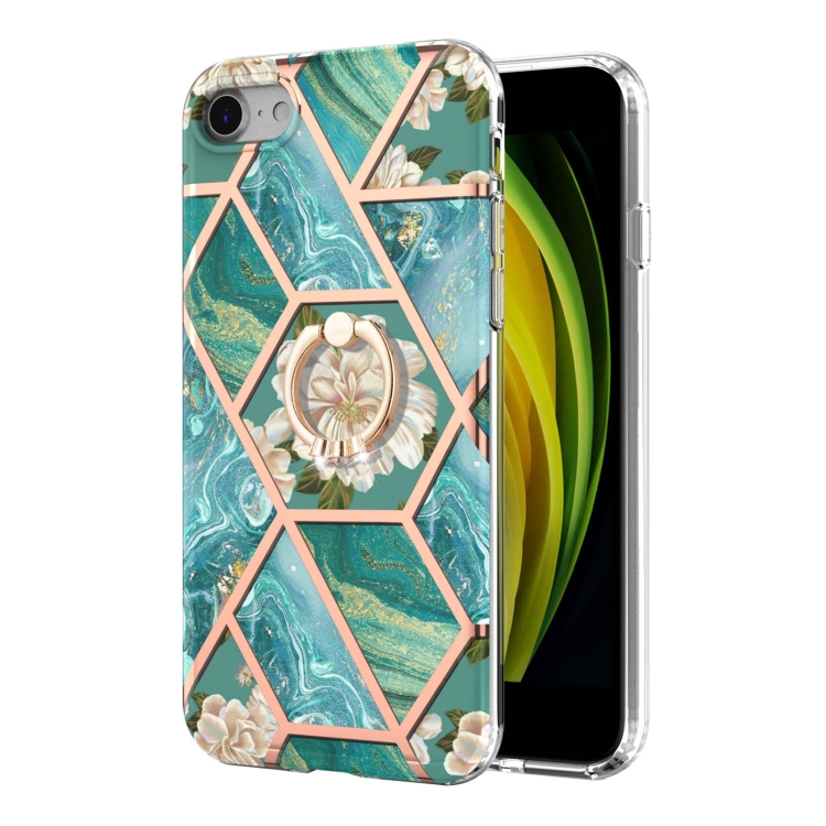 For iPhone SE 2022 / SE 2020 / 8 / 7 Electroplating Splicing Marble Flower Pattern TPU Shockproof Case with Rhinestone Ring Holder(Blue Flower) For iPhone SE 2022 / SE 2020 / 8 / 7 Electroplating Splicing Marble Flower Pattern TPU Shockproof Case with Rhinestone Ring Holder(Blue Flower)