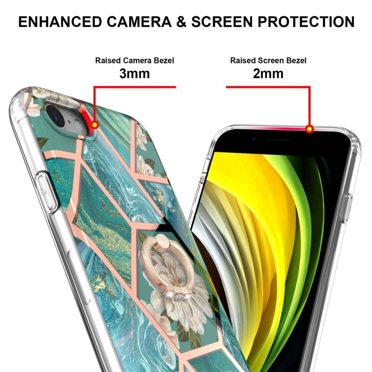 For iPhone SE 2022 / SE 2020 / 8 / 7 Electroplating Splicing Marble Flower Pattern TPU Shockproof Case with Rhinestone Ring Holder(Blue Flower) For iPhone SE 2022 / SE 2020 / 8 / 7 Electroplating Splicing Marble Flower Pattern TPU Shockproof Case with Rhinestone Ring Holder(Blue Flower)