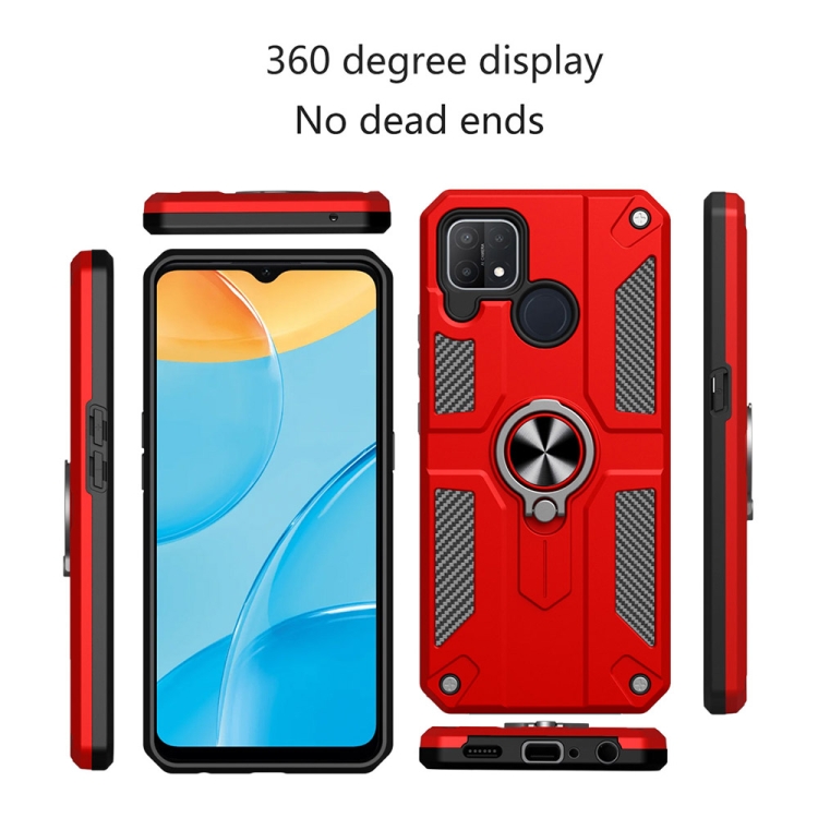 Carbon Fiber Pattern PC + TPU Protective Case with Ring Holder For OPPO Realme C12 / C15(Red)
