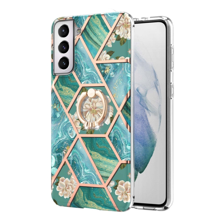 For Samsung Galaxy S21 5G Electroplating Splicing Marble Flower Pattern TPU Shockproof Case with Rhinestone Ring Holder(Blue Flower) For Samsung Galaxy S21 5G Electroplating Splicing Marble Flower Pattern TPU Shockproof Case with Rhinestone Ring Holder(Blue Flower)