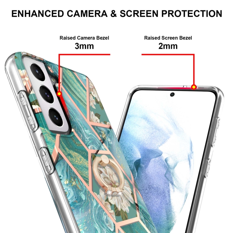 For Samsung Galaxy S21 5G Electroplating Splicing Marble Flower Pattern TPU Shockproof Case with Rhinestone Ring Holder(Blue Flower) For Samsung Galaxy S21 5G Electroplating Splicing Marble Flower Pattern TPU Shockproof Case with Rhinestone Ring Holder(Blue Flower)