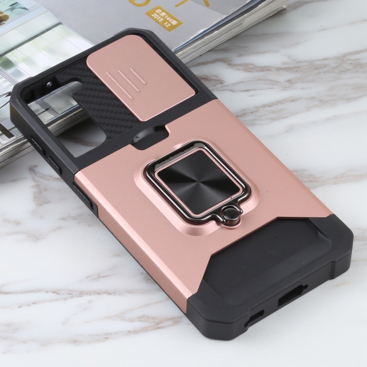 For Samsung Galaxy S21 5G Sliding Camera Cover Design PC + TPU Shockproof Case with Ring Holder & Card Slot(Rose Gold)