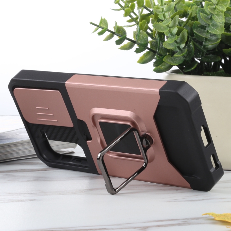 For Samsung Galaxy S21 5G Sliding Camera Cover Design PC + TPU Shockproof Case with Ring Holder & Card Slot(Rose Gold)