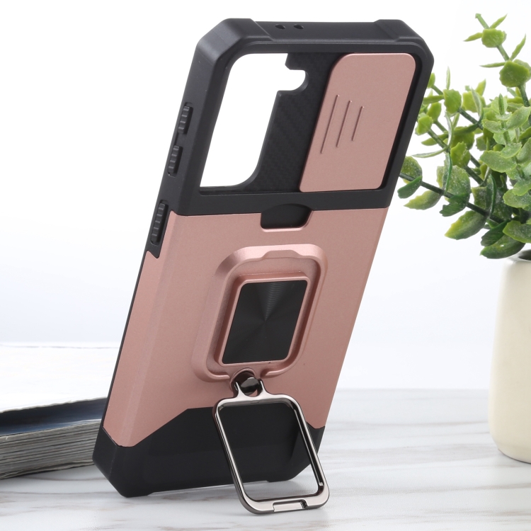 For Samsung Galaxy S21 5G Sliding Camera Cover Design PC + TPU Shockproof Case with Ring Holder & Card Slot(Rose Gold)