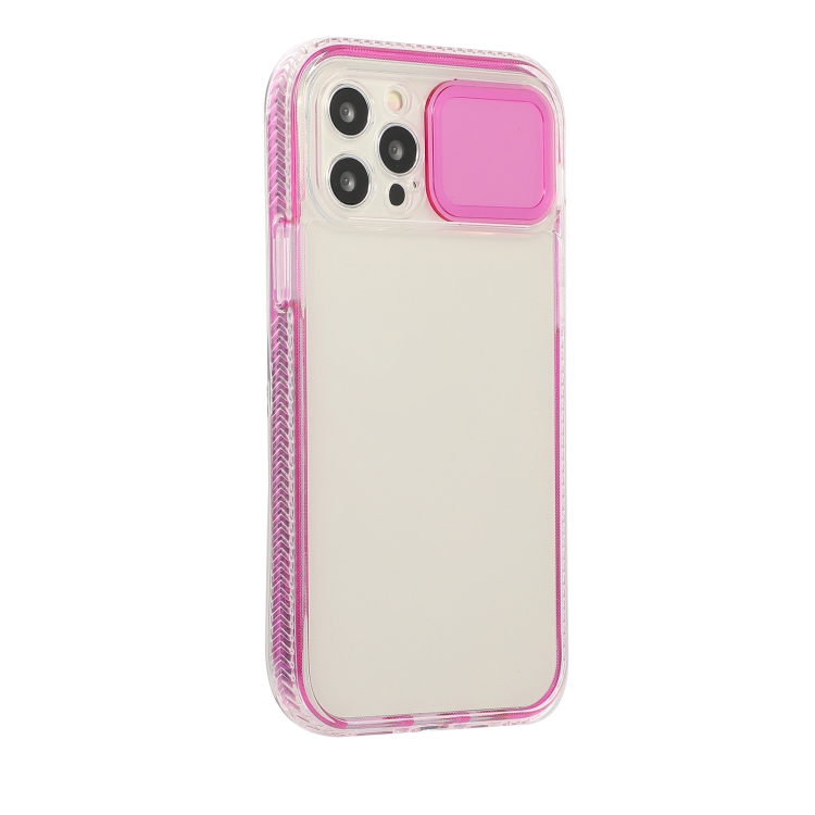 For iPhone 12 Sliding Camera Cover Design Shockproof TPU Frame + Clear PC Case(Rose Red)