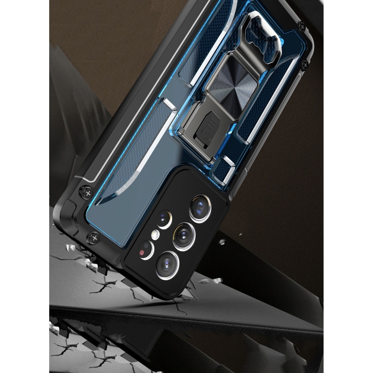 PC + TPU Shockproof Protective Case with Corkscrew Holder For Samsung Galaxy S21 Ultra 5G(Sapphire Blue)
